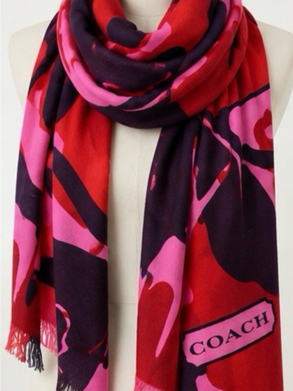 Coach 100% Wool Abstract Scarf Wrap Pink Red Purple Fringe